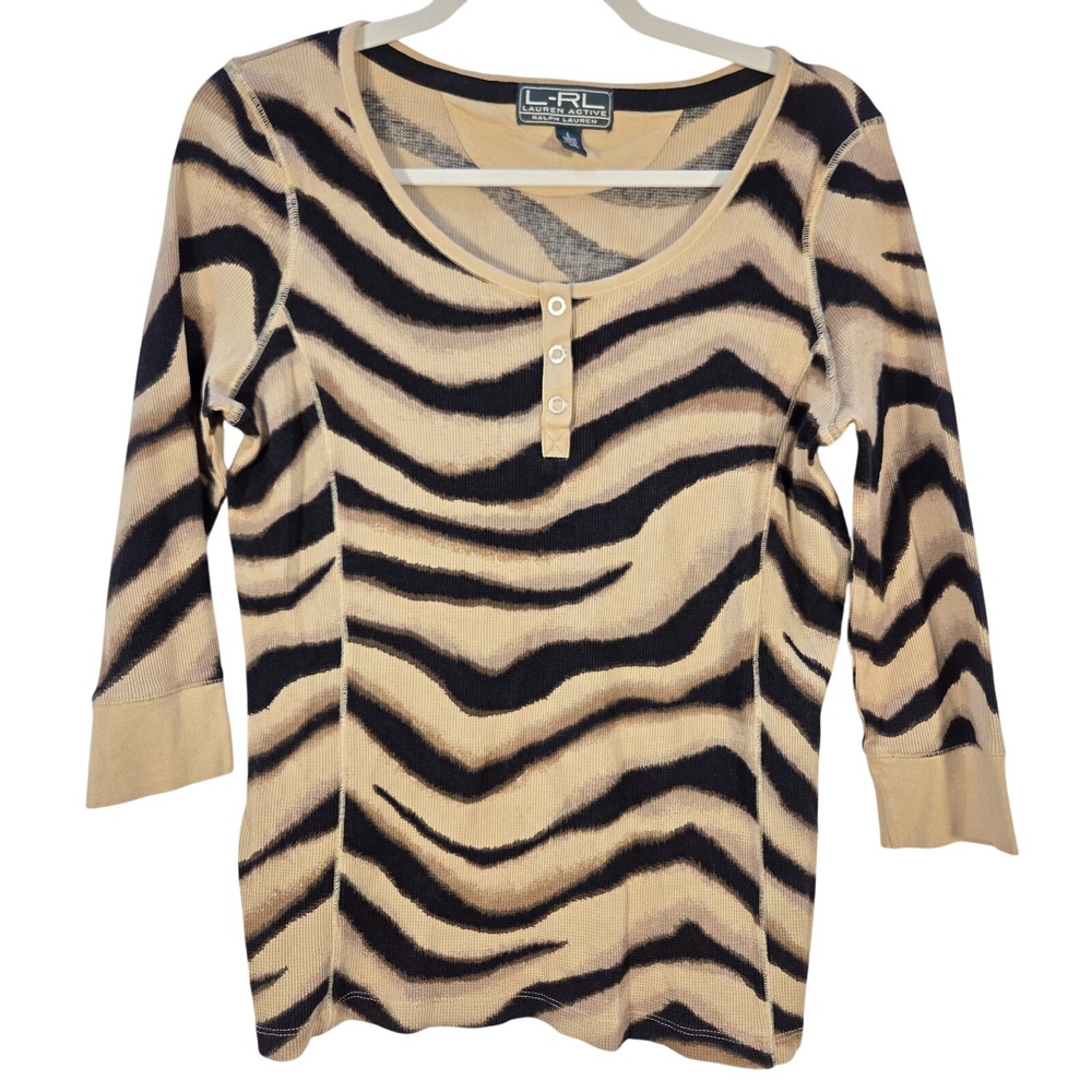Lauren Ralph Lauren Henley Top Womens Large Tan Zebra Print Waffle Knit Casual
